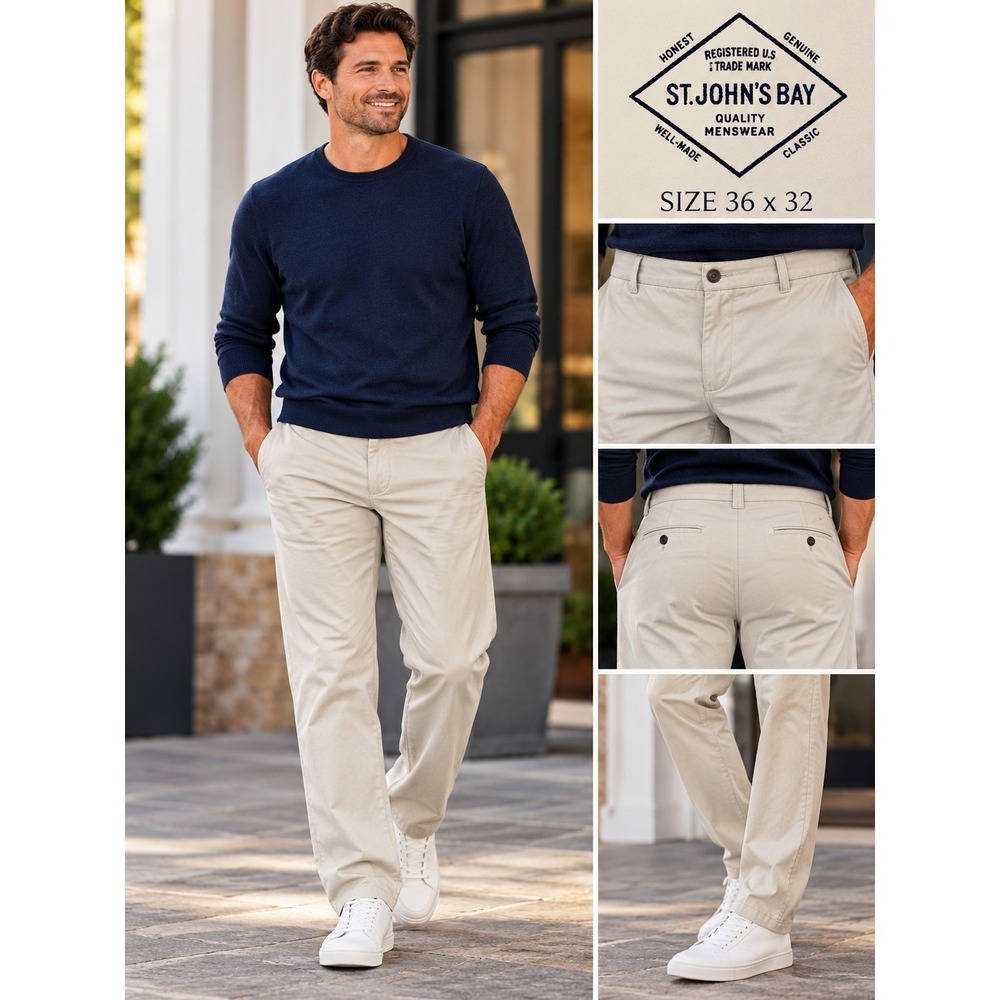 St. John's Bay Men's 36x32 Khaki Chino Pants Easy Care Flat Front Straight Leg